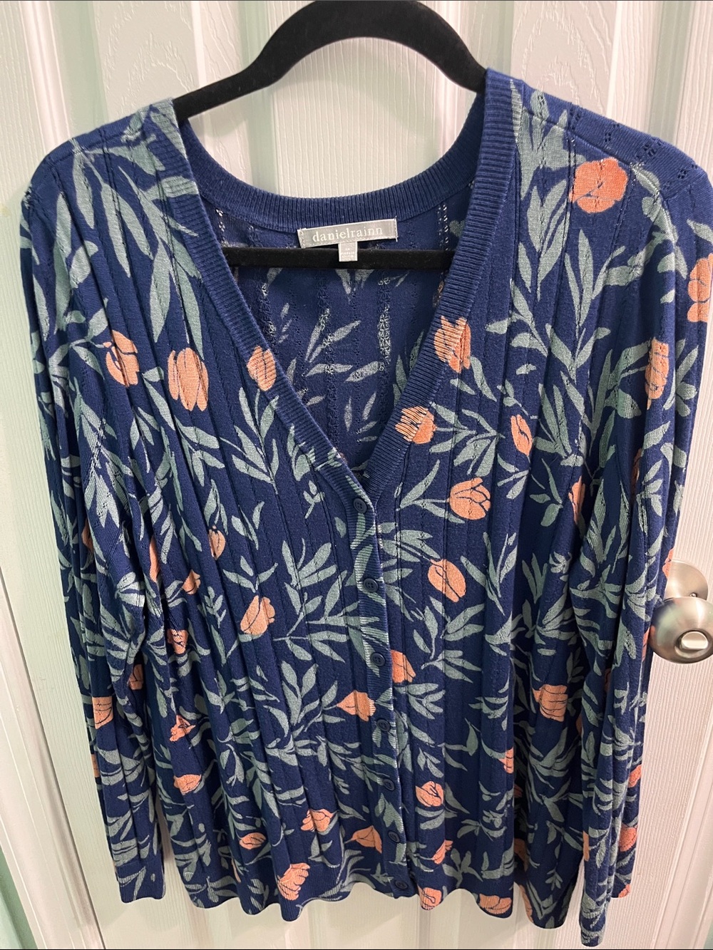 Daniel Rainn Navy Floral V-Neck Sweater Cardigan with Pink Blooms